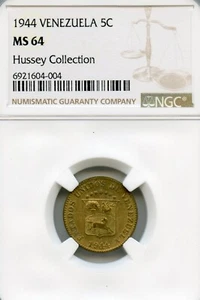 VENEZUELA 5 CENTIMOS BRASS PUYA 1944 MS-64 NGC CHOICE WWII ERA RARE DENVER MINT - Picture 1 of 2