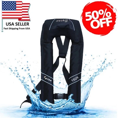 50% Off Adult Inflatable Life Jacket Automatic Manual Vest Lifesaving PFD Black - Image 1 of 4