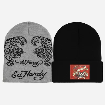 Ed Hardy Love Kills Slowly Skull Tiger Beanie Set 2-Pack Knit Black Gray Hat NWT - Image 1 of 4
