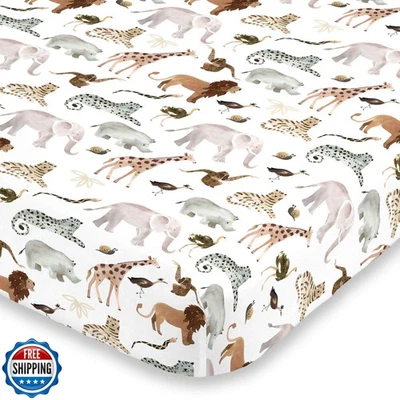 NoJo Water Color Jungle Friends Tan, Brown and Grey Fitted Super Soft Crib Sh - Image 1 of 4