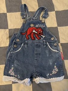 VTG Vintage Kid Baby Toddler Clifford Big Red Dog Denim Shorts Overalls Size 18m - Picture 1 of 7