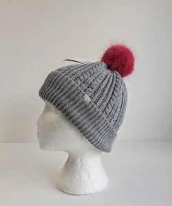Joules Beanie Bobble Hat Grey Lambswool Blend Pink Faux Fur Pom Pom One Size - Picture 1 of 8