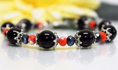 Glass Jewels Silber Armband Perlen Schwarz Orange Halloween Länge 20,5 cm #GA051 - Bild 1 von 3