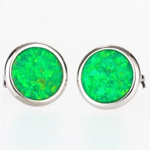 Round Kiwi Green Fire Opal Silver Jewelry Stud Earrings - Picture 1 of 6