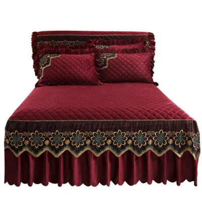 Vintage Velvet Bedspread Queen King Quilted Bedskirt Ruffles Headboard Covers - Image 1 of 4