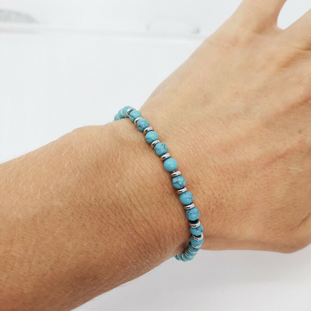 Women's natural turquoise stone & stainless steel beaded bracelet