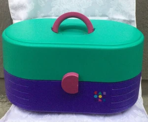 Large Vintage CABOODLES Train Case Organizer 3-Tier Mirror Teal Purple Pink 2640 - Picture 1 of 12