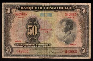 1951 Belgian Congo 50 francs banknote serial # 542665 no holes no tears VG/F - Picture 1 of 2