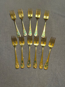 Vintage Hollyberry Forks set of 12 Christmas flatware 6.5" gold plated Japan