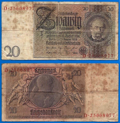 Germany 20 Reichsmark 1924 Prefix D Red Numbers Mark Free Shipping Worldwide - Image 1 of 3