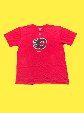 Reebok Calgary Flames NHL Hockey T Shirt Mens Size XL Red Cover