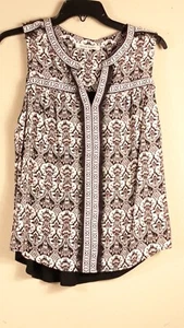 BLACK RAINN PM Aztec Print Peasant Top Split V-Neck Longtail Front Panel Boho - Picture 1 of 11