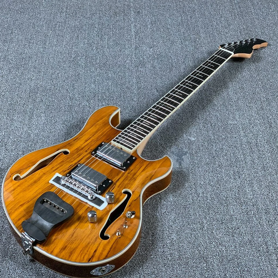 Guitarra Eléctrica Languedoc Semi Hueca Parte Superior y Trasera Dividida Negro Diapasón Amarillo Foto 1 de 4