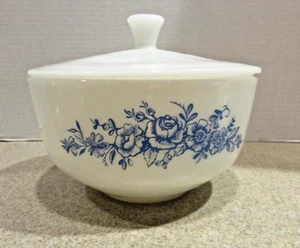 Vintage Federal Milk Glass Mixing Bowl & Lid - 2.5 Quart - Blue Wild Roses - Picture 1 of 8