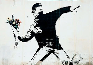 BANKSY FRAMED CANVAS STREET GRAFFITI URBAN ART PRINT FLOWER THROW PAINTING - Picture 1 of 6