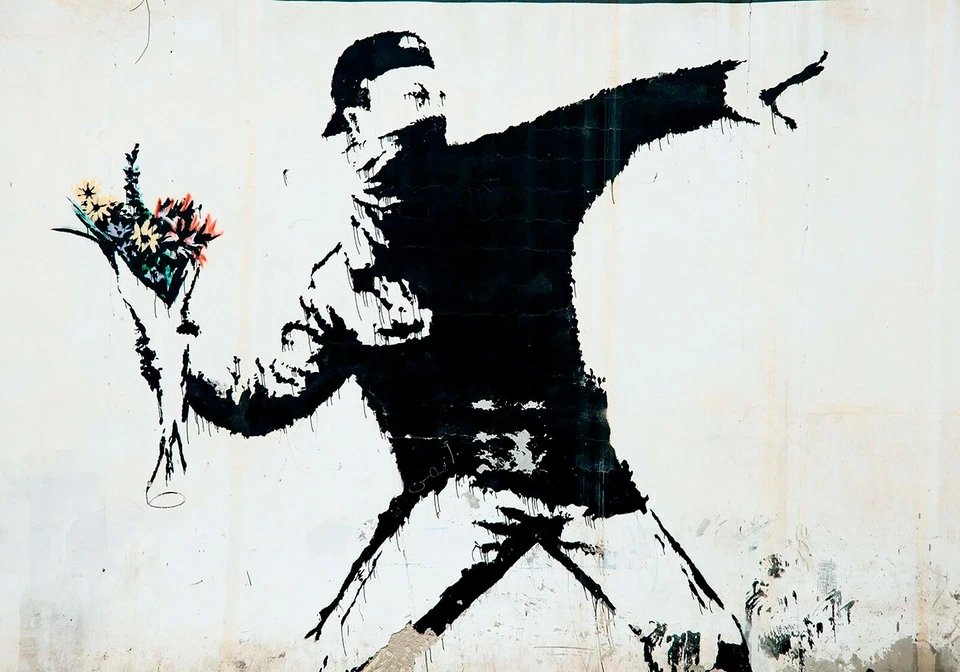 BANKSY FRAMED CANVAS STREET GRAFFITI URBAN ART PRINT FLOWER THROW PAINTING - image 1 of 4