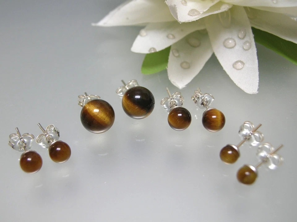 Винтажный природы Tiger глаза круглый шар гвоздики серебро серьги-4, 5, 8 мм - Изображение 1 из 1