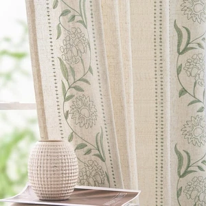 Winslow Linen Curtains for Bedroom 84 Inches Length Embroidered Bordered Flor... - Picture 1 of 8