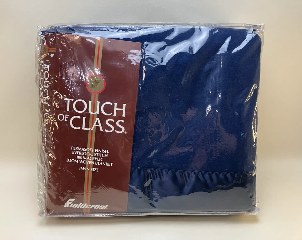 Vtg Fieldcrest Touch Of Class Navy Blue 100% Acrylic Satin Trim Twin Blanket - Image 1 of 4