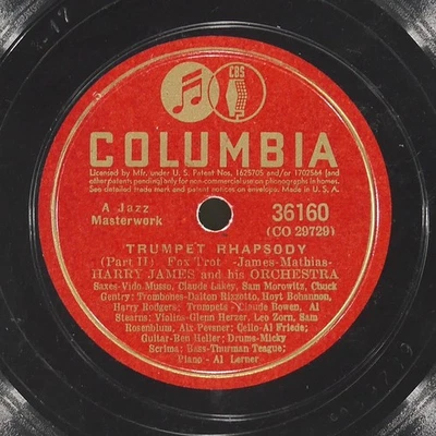 HARRY JAMES Trumpet Rhapsody COLUMBIA 36160 VG- 78 RPM 1941 Big Band 10" Jazz Foto 1 de 4