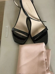 STUART WEITZMAN NUDISTCURVE 50 WEDGE HEEL PATENT LEATHER ANKLE STRAP SHOES 9BLAC - Picture 1 of 11