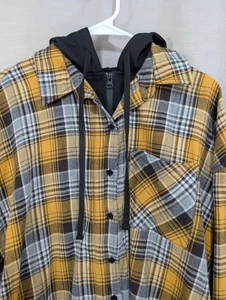 Risen Women's 1XL Plaid Hoodie Shirt Yellow Black Flannel Frayed Hem Tunic - Picture 1 of 21