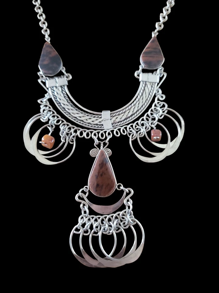 Colar declaração boho tom prata jaspe franja pendurada estilo tribal étnico 20" - Imagem 1 de 4