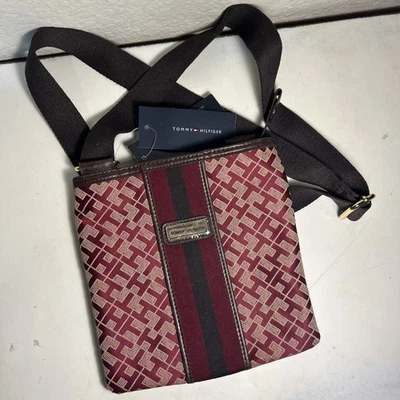Tommy Hilfiger Small Monogram Crossbody Bag Purse Tan/Maroon W/tags (d9) - Image 1 of 4