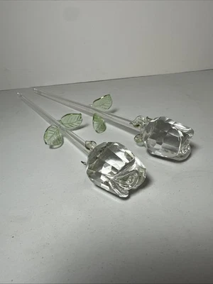 一对 13 英寸玻璃春玫瑰花绿叶玫瑰透明 — 第 1/4 张图片