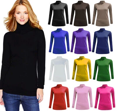 WOMENS POLO NECK TOP STRETCH LADIES LONG SLEEVE TURTLE NECK TOP JUMPER 8-26 - Image 1 of 4