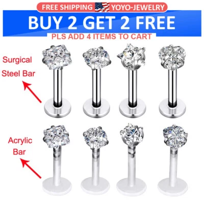 4-40PCS Lip Ring Crystal CZ Labret Monroe Stud Helix Tragus Earring Retainer 16G - Image 1 of 4