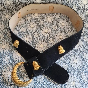 Vintage ~ Anne Klein ~ Black Suede Leather Belt ~ Gold Brass 3D Tassels ~ Medium - Picture 1 of 15