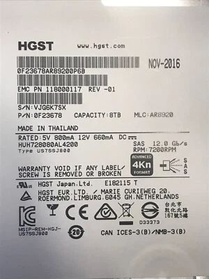 005051674 - EMC 8TB 7.2KRPM 12Gbps 3.5" SAS HDD (ALT: 118000117) Hard Drive - Image 1 of 3