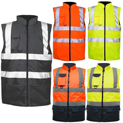 HI VIS VIZ BODY WARMER VISIBILITY FLEECE REVERSIBLE WATERPROOF GILET WAISTCOAT - Image 1 of 2
