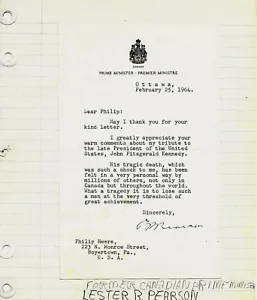 Carta autógrafa Canadá Lester B Pearson sobre JFK, Premio Nobel de la Paz Certificado de Autenticidad - Imagen 1 de 4