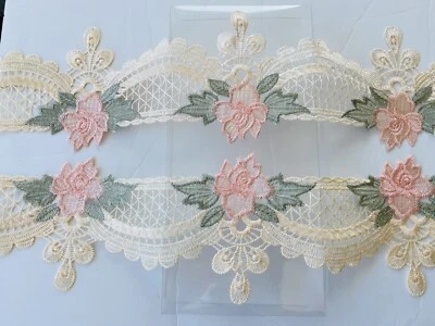 Pink & Antique White Floral Embroidered Border Eyelet Trim/Sewing/Craft/5" Wide  - Image 1 of 4