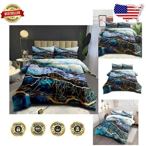 Luxurious King Size Marble Bedding Set: Light Blue Comforter with Gold Glitter - Picture 1 of 9
