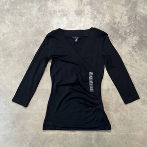 Ralph Lauren Shirt Womens Sz XXS Black Faux Wrap V Neck Basic Minimalist Casual - Picture 1 of 9