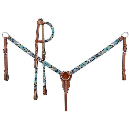 Tough1 Multi-Colored Beaded Cross Design One Ear Bridle Breast Collar Set Equine