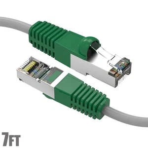 7FT Cat6 RJ45 Network LAN Ethernet Shielded Crossover Cable Gray Wire/Green Boot - Picture 1 of 5