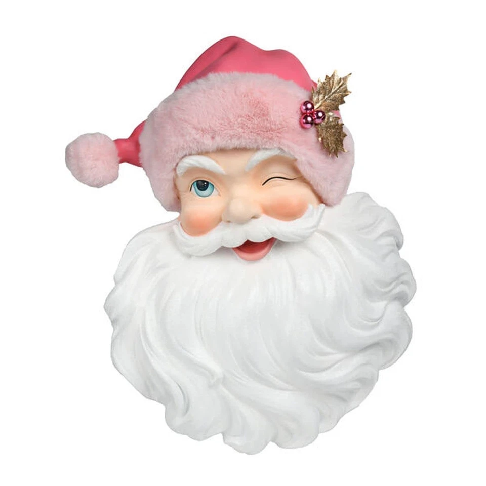 December Diamonds Pink Christmas Santa Head with Pink Fur Hat Wall Decor - Cute - Image 1 of 1