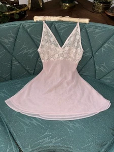 Vintage Jones New York Chiffon Chemise Sheer Nightgown Pink White Lace Small Y2K - Picture 1 of 15