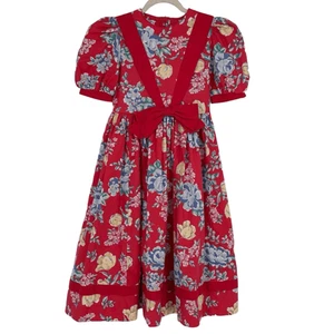 Vintage 80s Laura Ashley Dress Puff Sleeve Bow Floral Cottage Girls 12 Red Boho - Picture 1 of 11