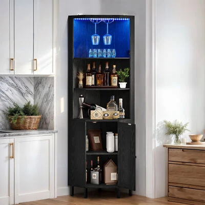 67" Corner Cabinet Home Bar Doors Liquor Glass Wine Racks LED Wooden Shelves - Image 1 of 4