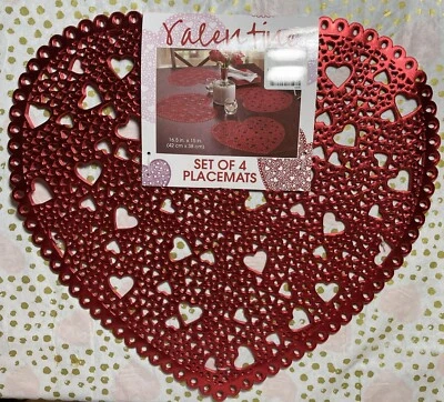 4 Valentine's Day Red Heart Shaped Cutouts Foil Vinyl Placemats New Wipe Clean - Image 1 of 2