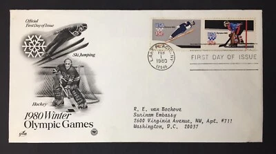 USPS FDC 1980 Winter Olympic Games Ski Jumping Hockey ArtCraft Lake Placid NY - Image 1 of 2