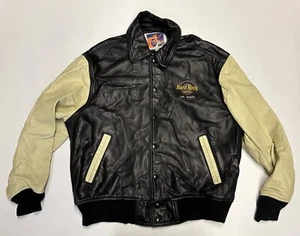 Vintage 90s Hard Rock Hotel Las Vegas Embroidered Logo Leather Bomber Jacket M - Picture 1 of 8