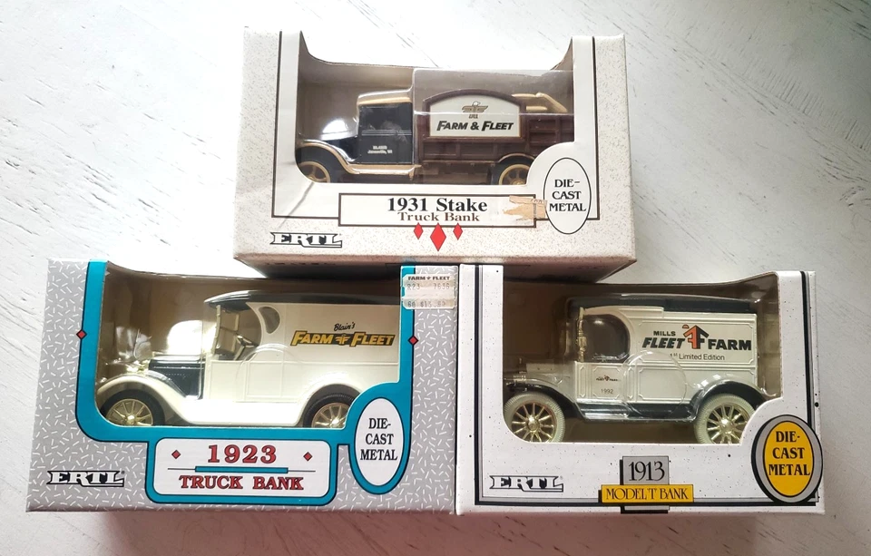 Lot of 3 Ertl Blain's Farm & Fleet Vehicles 1913 Model T 1923 Truck 1931 Stake - Image 1 of 4