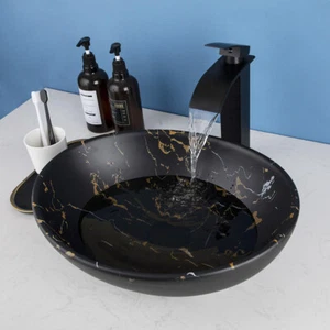 Black Marbling Bathroom Vessel Sinks Oval Ceramic Basin Bowl Combos Faucet Drain - Bild 1 von 12