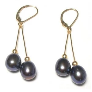 Pendientes AAA genuinos de palanca doble colgante rellenos de oro 14K con perla negra - Imagen 1 de 1